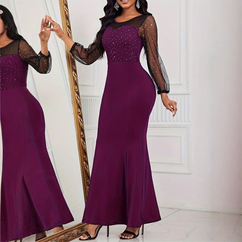 Elegant Women's Dress, Solid Color Mesh Sequin Splicing, High Waist Long Slim Evening Gown Christmas Thanksgiving Halloween Valentine's Day_voghion.com