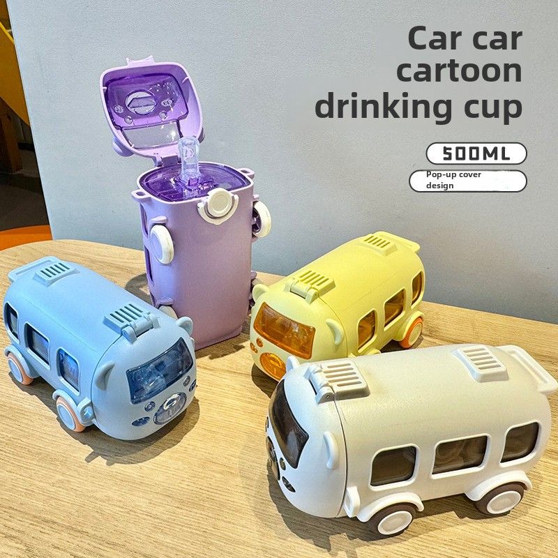 Taza de agua para niños con dibujos de autobús para bebé, linda y divertida taza de plástico creativa para jugar, taza portátil con correa y pajita_voghion.com