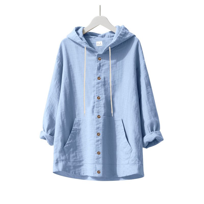 Spring And Autumn American Loose Men's Loose Linen Casual Simple Beach Hooded Long Sleeve Shirt Men_voghion.com
