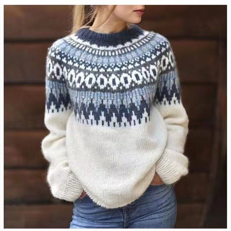 Women's Stylish 3D Jacquard Knit Sweater - Loose Fit Round Neck Pullover With Color Block Design, Comfortable Polyester Blend_voghion.com
