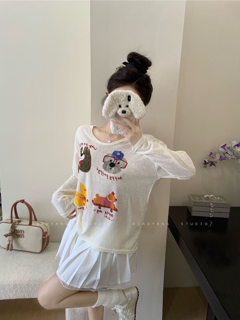 T-shirt a maniche lunghe con stampa di cartoni animati color albicocca per donna, stile pigro per l'inizio dell'autunno, vestibilità casual, sottile e ampia, con scollo rotondo._voghion.com