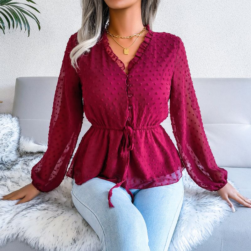 2024 Spring Summer Lantern Long Sleeve Ruffle Tie Waist Polka Dot Chiffon Blouse Women's Fashion_voghion.com