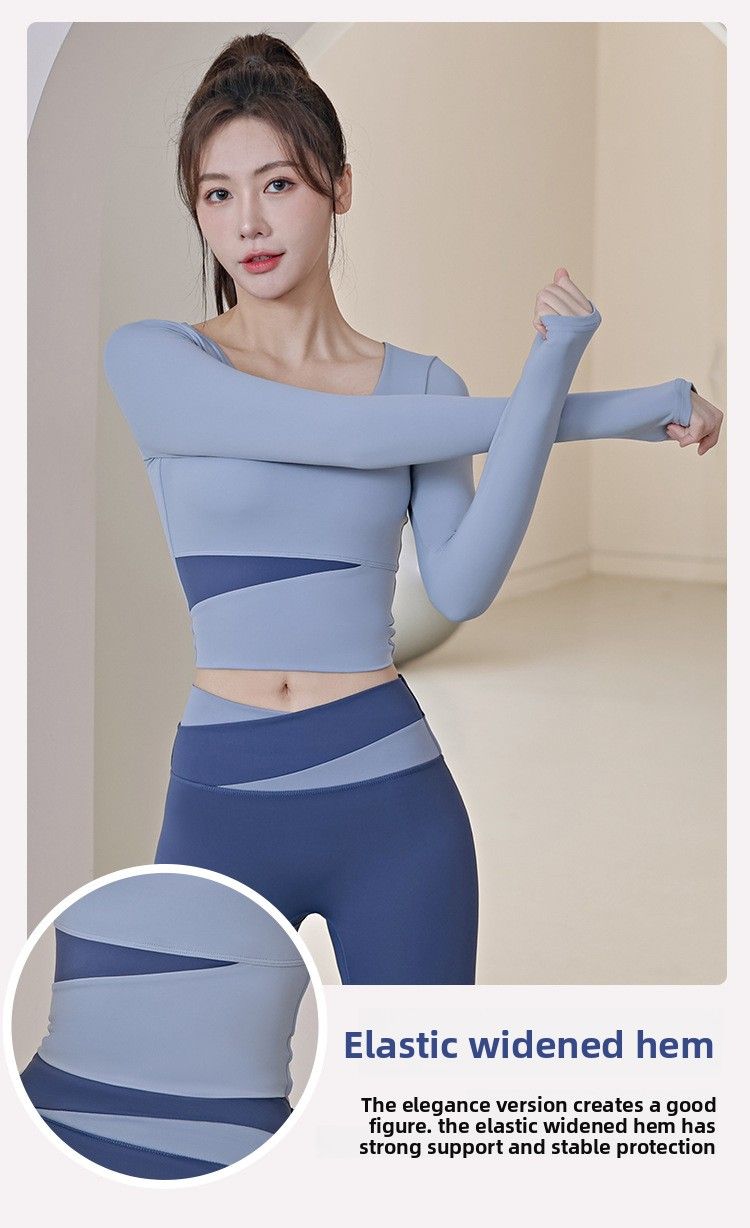 Top da yoga a maniche lunghe attillato color pesca per sport all'aria aperta, dimagrante, autunno inverno_voghion.com