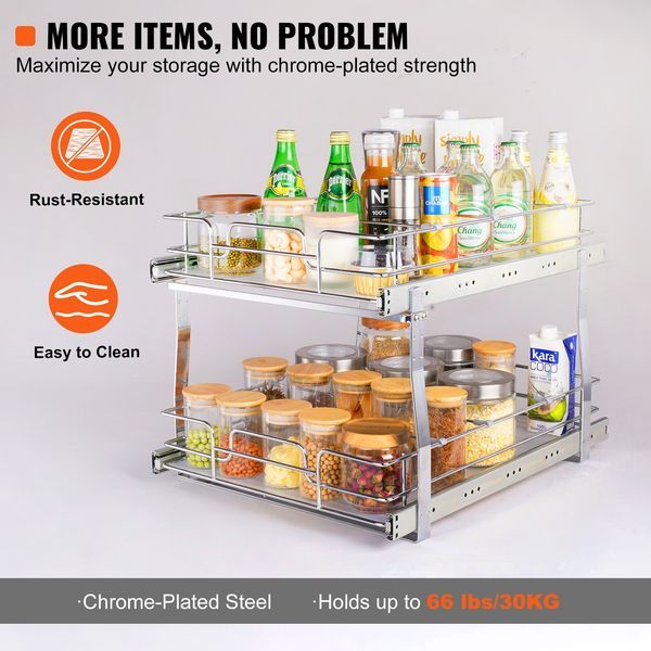 2 Tier 17'W X 21'D Pull Out Cabinet Organizer, Heavy Duty Slide Out Pantry Shelves, Chrome-Plated Steel Roll Out Drawers, Sliding Drawer Storage Fo_voghion.com