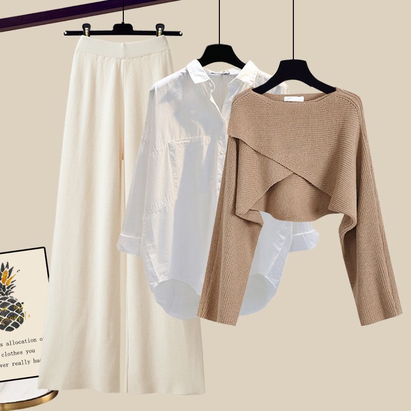 Women’s Clothing Fashion autumn suit women sweater women new large size women's shirt wide leg pants three piece knitted slim_voghion.com