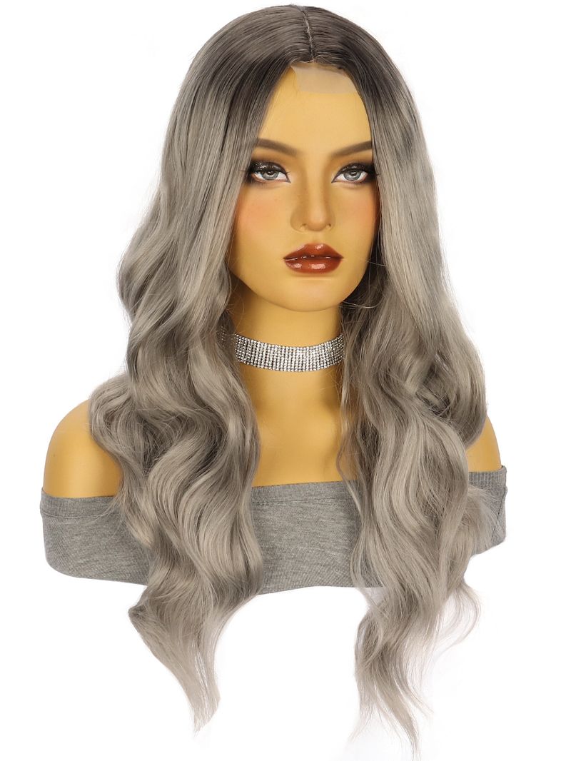 Parrucca sintetica frontale in pizzo annodata a mano per donna - Parrucca lunga e riccia con riga centrale (fibra resistente al calore, cuffia traspirante, attaccatura naturale dei capelli, pronta da indossare)_voghion.com