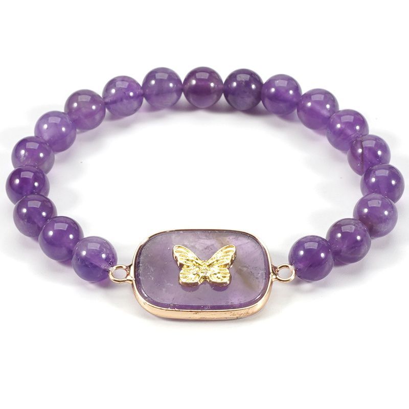 Braccialetto in pietra naturale con perline rotonde in cristallo viola da 8 cm, con etichetta a farfalla, set di personalità semplice_voghion.com