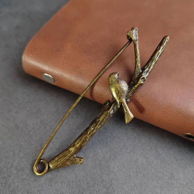 JM Bronzo Antico Elettrolitico Motivo Piuma Fiore Ramo Uccello Foglia Spilla Artistica Grande Accessorio_voghion.com