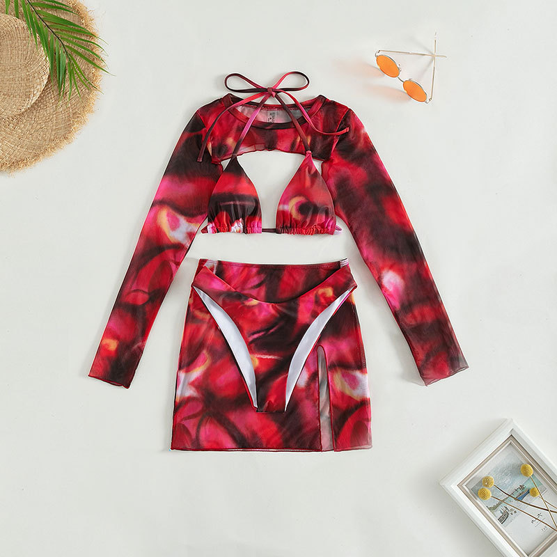 Printed Mesh Skirt Three Piece Bikini Swimwear New Long Sleeve Cover Up Sun Protection Beach Suit Swimwear_voghion.com