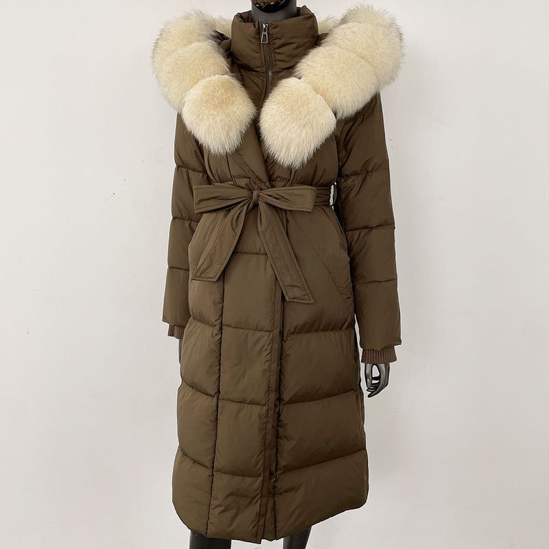 Fox Fur Large Collar Down Jacket With Hood And Long Style For Winter, Slim Waist And Knee Length Thickened Women's Coat_voghion.com