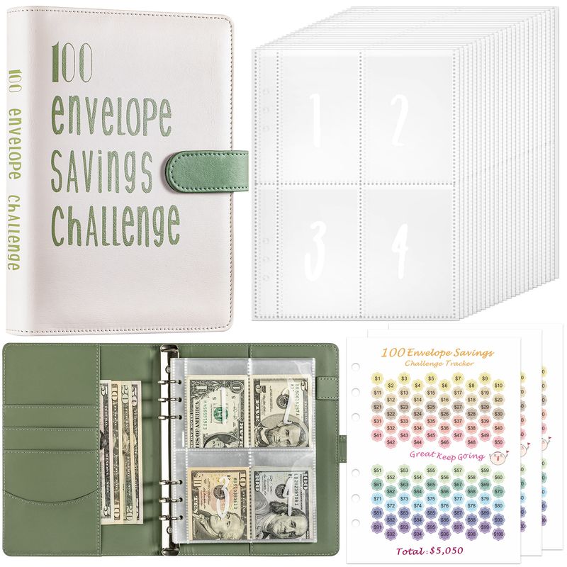 A5 Leather-Look 6-Ring Binder Notebook For Couples – 100-Day Savings Challenge, Refillable Planner With Grid Cards & Colorful Sheets_voghion.com