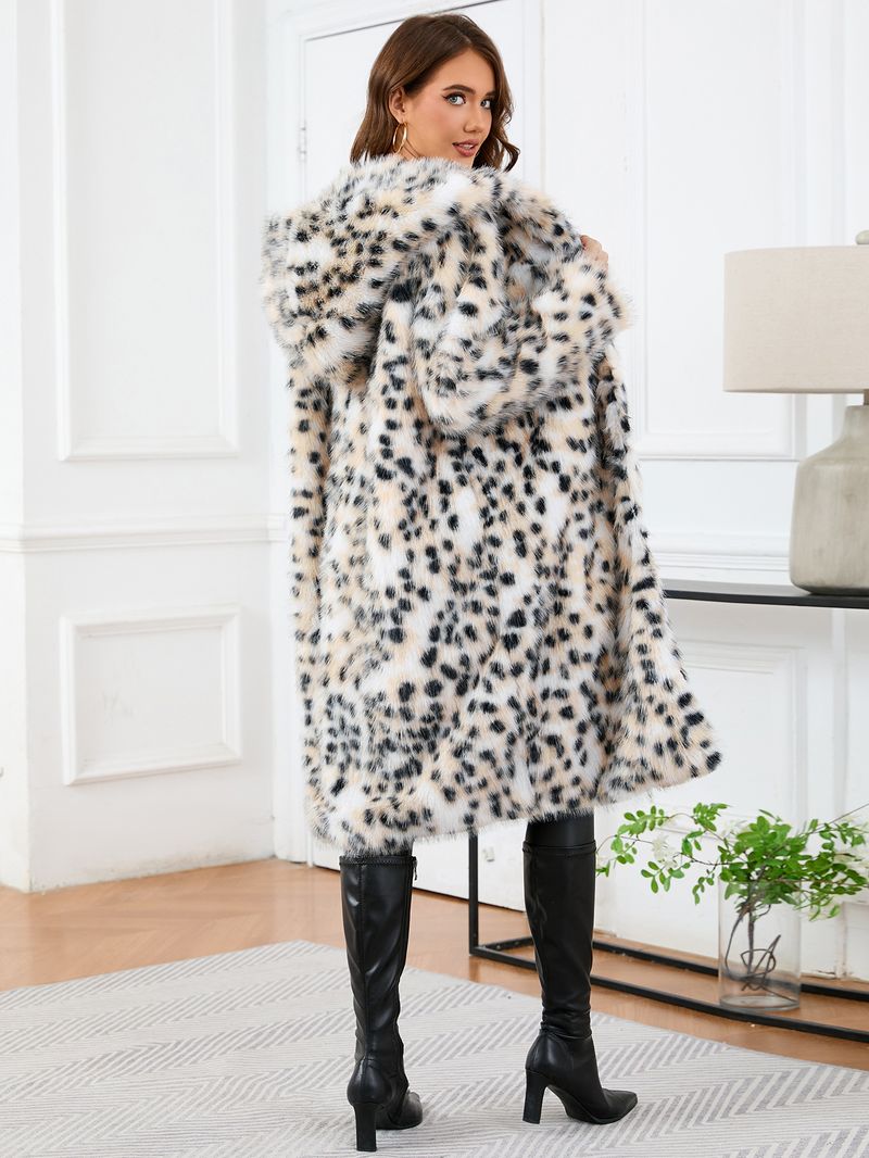 Eleganter Kunstpelzmantel mit Kapuze und Leopardenmuster und langen Ärmeln für Damen – warme und stylische Oberbekleidung in mittlerer Länge für Damen_voghion.com