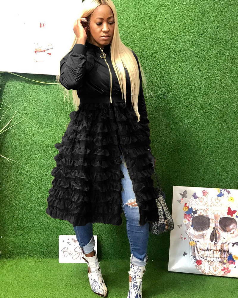 Women's fashion zipper solid color jacket + mesh lace skirt coat_voghion.com