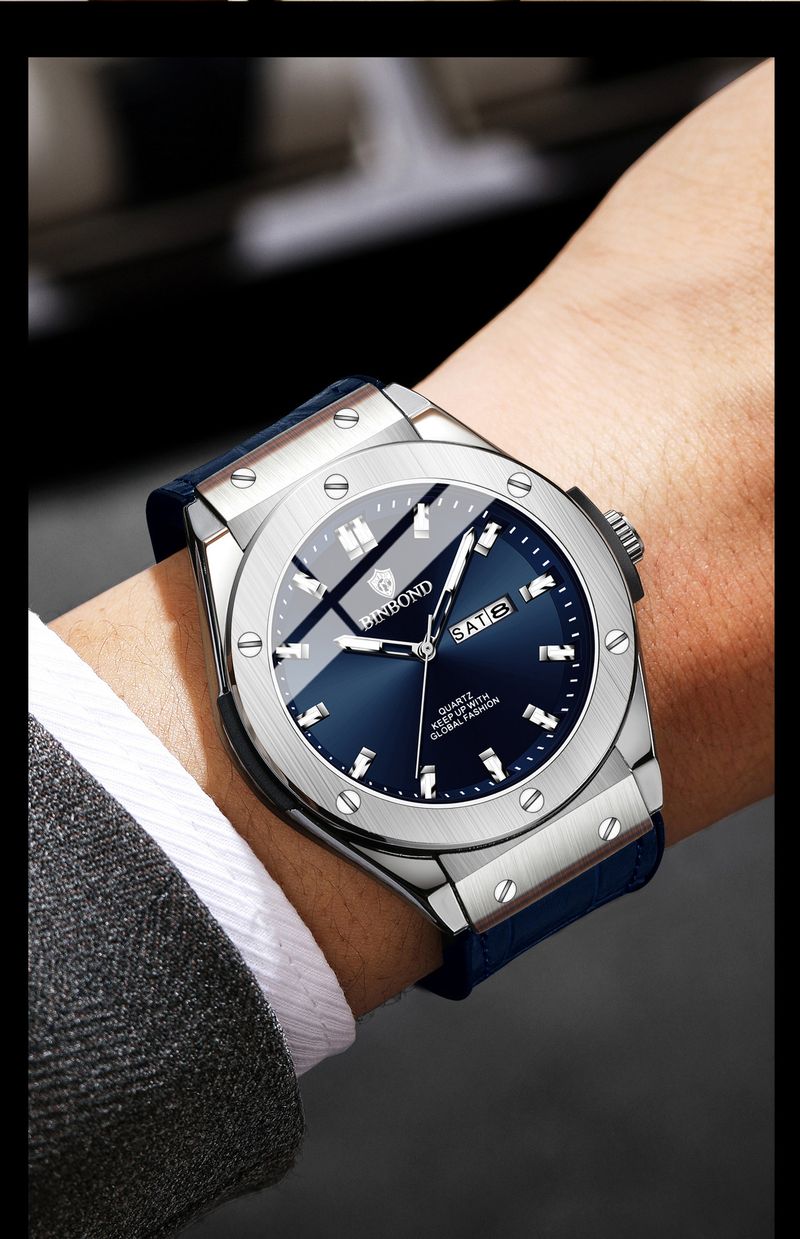 Orologio elegante da uomo in acciaio inossidabile e pelle - Cronografo al quarzo sottile con datario, lancette luminose e resistenza all'acqua fino a 30 m. Orologio al quarzo per il tempo libero_voghion.com