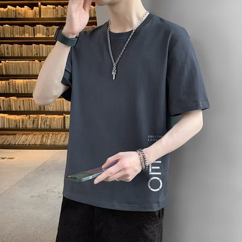 Kurzarm für Männer im Frühjahr und Frühling, neue koreanische Version des Jugend-Rundhals-Oberteils, T-Shirt-Unterteil, übergroßer Trend_voghion.com