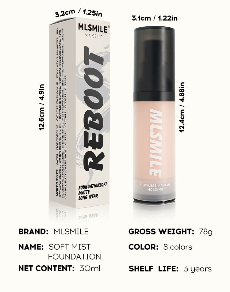 Podkład w płynie MLSMILE Concealer Liquid Foundation Matte Light And Thin, który poprawia wygląd twarzy, rozjaśnia i stanowi bazę dla 8 kolorów podkładu w kremie Nude Makeup_voghion.com