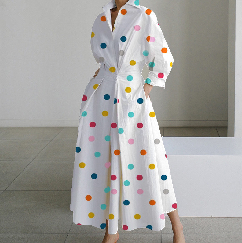 Abito lungo in velluto grigio, con maniche a pois, scollo a V, cerniera alta, comodo e antirughe, modello midi primaverile_voghion.com