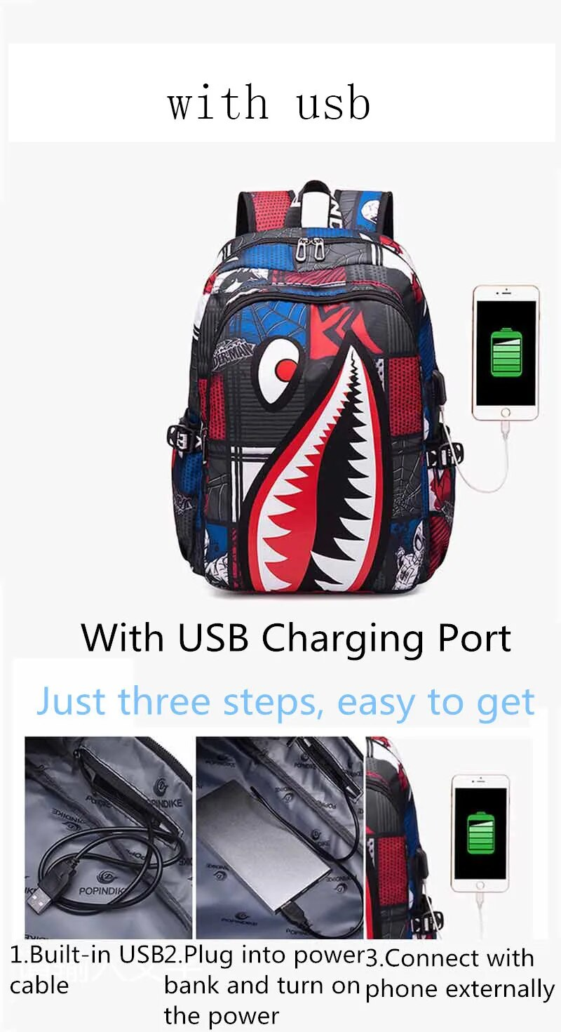 Elementary Bookbag Travel Rucksack Cartoon Shark Print Primary School Student Satchel Backpack Mochila Infantil_voghion.com
