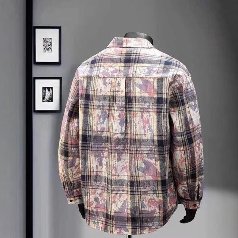 Camicia a quadri tie-dye 2025 per ragazzi, camicia a maniche lunghe primavera-autunno, giacca in stile coppia trendy e di nicchia_voghion.com