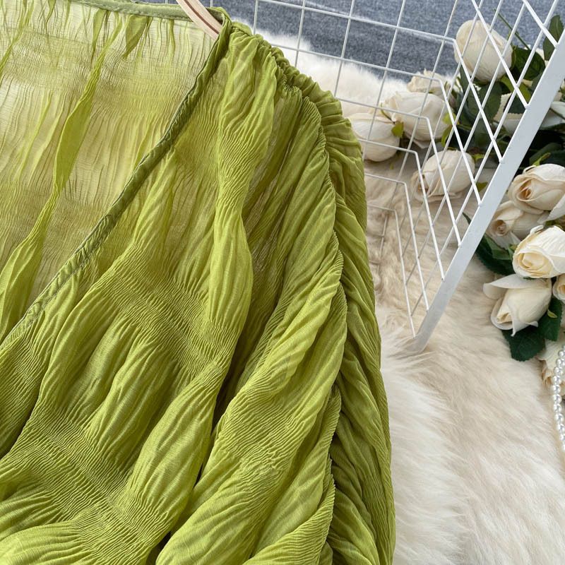 Damenbekleidung Design Nischen-Plissee-Puffärmel Schlankes, kurzes, modisches, vielseitiges Chiffon-Shirt_voghion.com