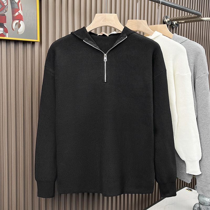 Halv lynlås hættetrøje herre efterår og vinter trendy mærke løs og doven stil strikket sweater retro casual jakke_voghion.com