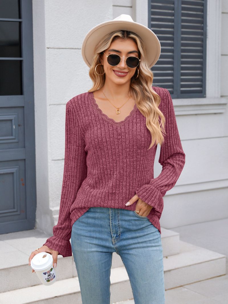 Top casual da donna con scollo a V e maniche a balza - Camicia a maniche lunghe in morbido misto cotone spazzolato a righe per l'uso quotidiano_voghion.com