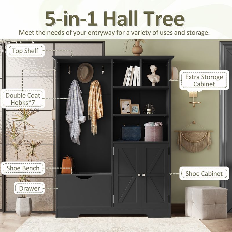 Multi-functional Hall Tree With Storage Shelves Drawers And Cabinet, Elegant Hallway Shoe Cabinet With Bench, Modern Coat Rack With Hooks For Hallway Entryways, Black_voghion.com