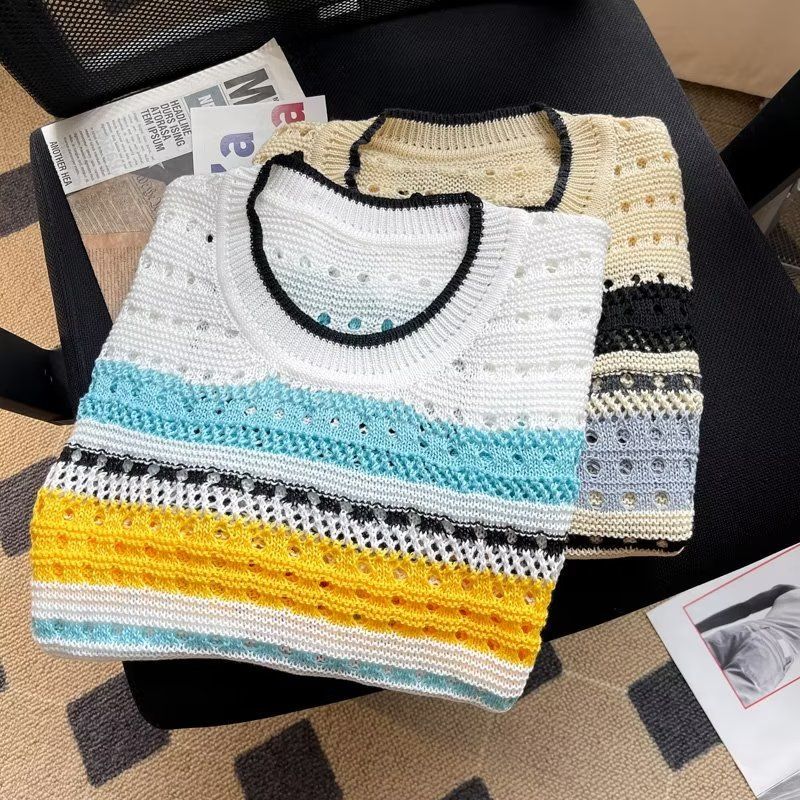 Herren-Strickweste mit Retro-Kontraststreifen – ärmelloses Unisex-Strickoberteil, trendiges Hohlgewebe für den Herbst-Layering-Look (Grün/Pink, S-XXXL)_voghion.com