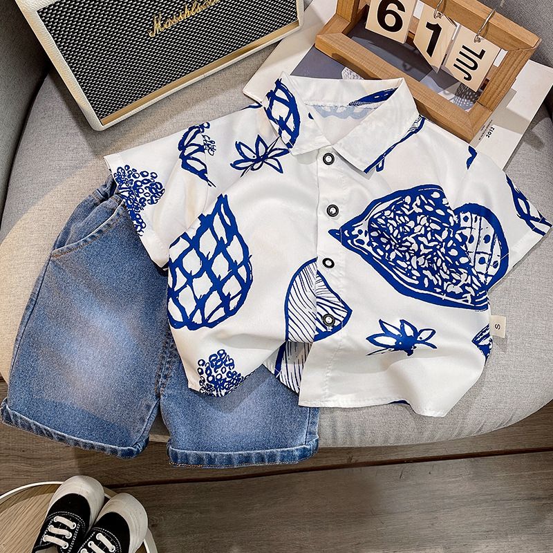 2024 neues Ananashemd für Jungen, kurzärmelig, zweiteilige Jeans für Sommerkleidung, Kinderset_voghion.com
