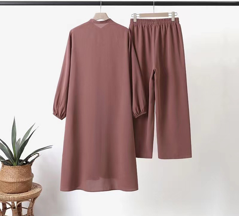 Comfortabel damespak uit het Midden-Oosten, effen kleur met paddestoelvormige knopen en elastische mouwen, moslim damespak_voghion.com
