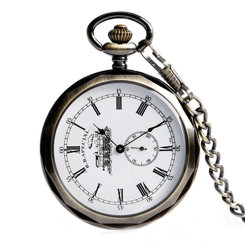 Transparent Glass Coverless Train Pattern Engraved Manual Pocket Mechanical Watch_voghion.com