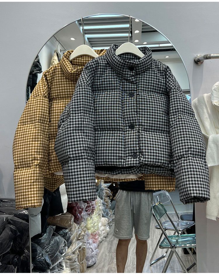 Women's Short Puffer Jacket With Houndstooth Pattern, Thickened Down Coat, Stand Collar, Oversized Fit, White Duck Feather Filling_voghion.com