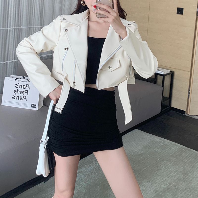 Autumn Winter Heavy-duty Loose Slimming Elegant Casual Versatile Motorcycle Short Zipper Jacket Long Sleeve Leather Coat_voghion.com