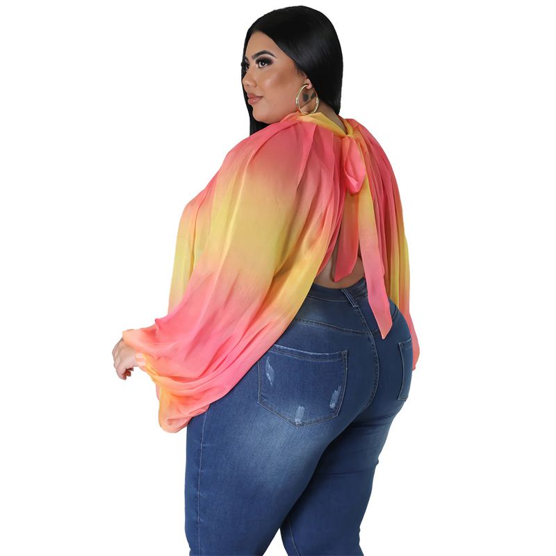 Damen-Oberteil in Übergröße, Übergröße, Damenbekleidung, Rundhalsausschnitt, offener Rücken, Chiffon-Schnüroberteil für Damen_voghion.com