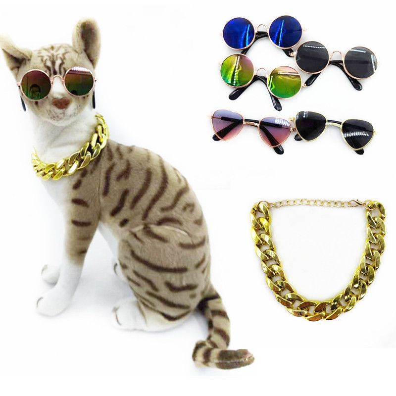 Pet Glasses Collar Cat Teddy Sunglasses Big Necklace Set Dog Dominant Gold Chain_voghion.com