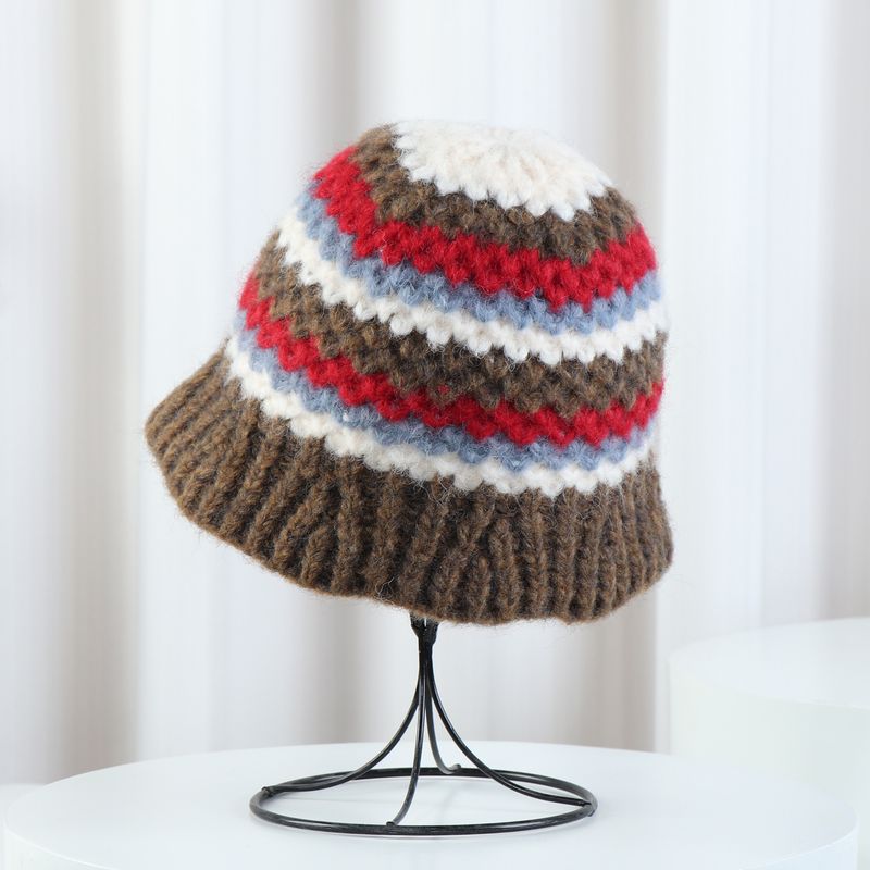 Autumn Winter Color Block Retro Versatile For Women Warm Ear Protection Face Slimming Knitted Bucket Hat Wholesale_voghion.com