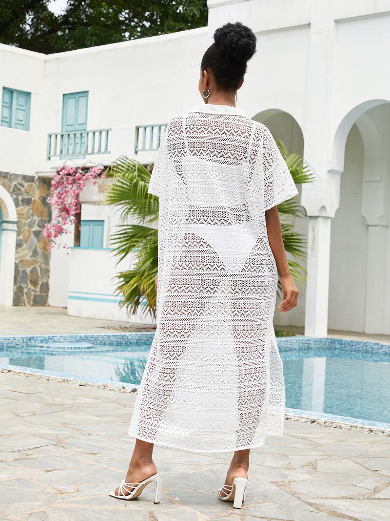 Damenbekleidung, elegantes weißes Spitzen-Strandkleid, Bikini-Bademode, Wickelkleid, fließende Langarm-Tunika, transparentes Futter, vielseitige Resort-Kleidung für Frauen_voghion.com