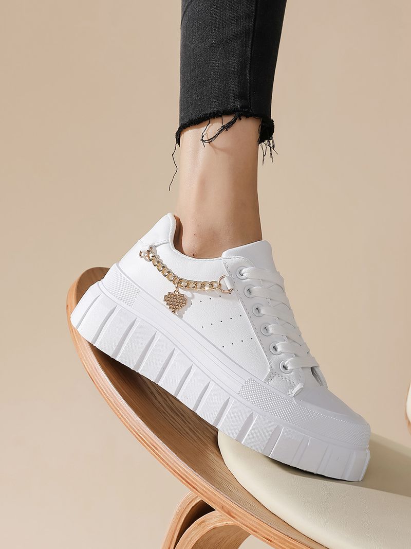 Chaussures pour femmes, nouvelles chaussures pour femmes de grande taille, semelle épaisse, chaussures de sport décontractées, chaussures plates blanches avec chaîne en métal pour femmes_voghion.com