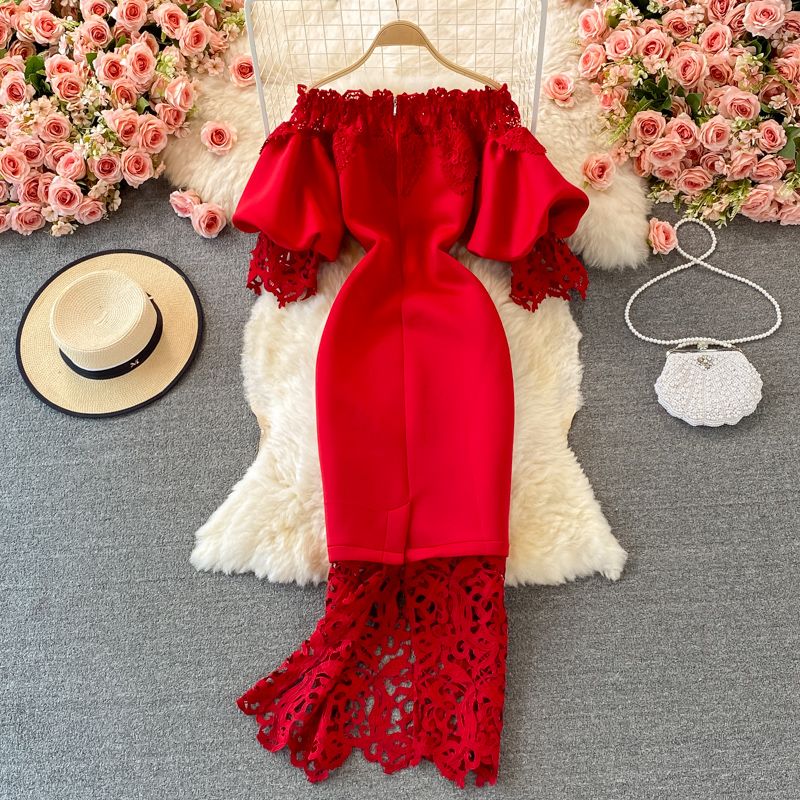 Îmbrăcăminte pentru femei Umăr retro lanternă rochie expusă rochie cu talie fustă înfășurată rochie cu o mânecă rochie rochie roșie antică cu guler cu fustă lungă_voghion.com