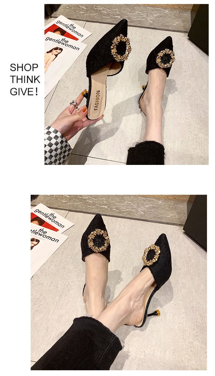 Hjemmesko dame sommertøj halve hjemmesko dame nye franske rhinsten høje hæle stiletto sandaler sort_voghion.com