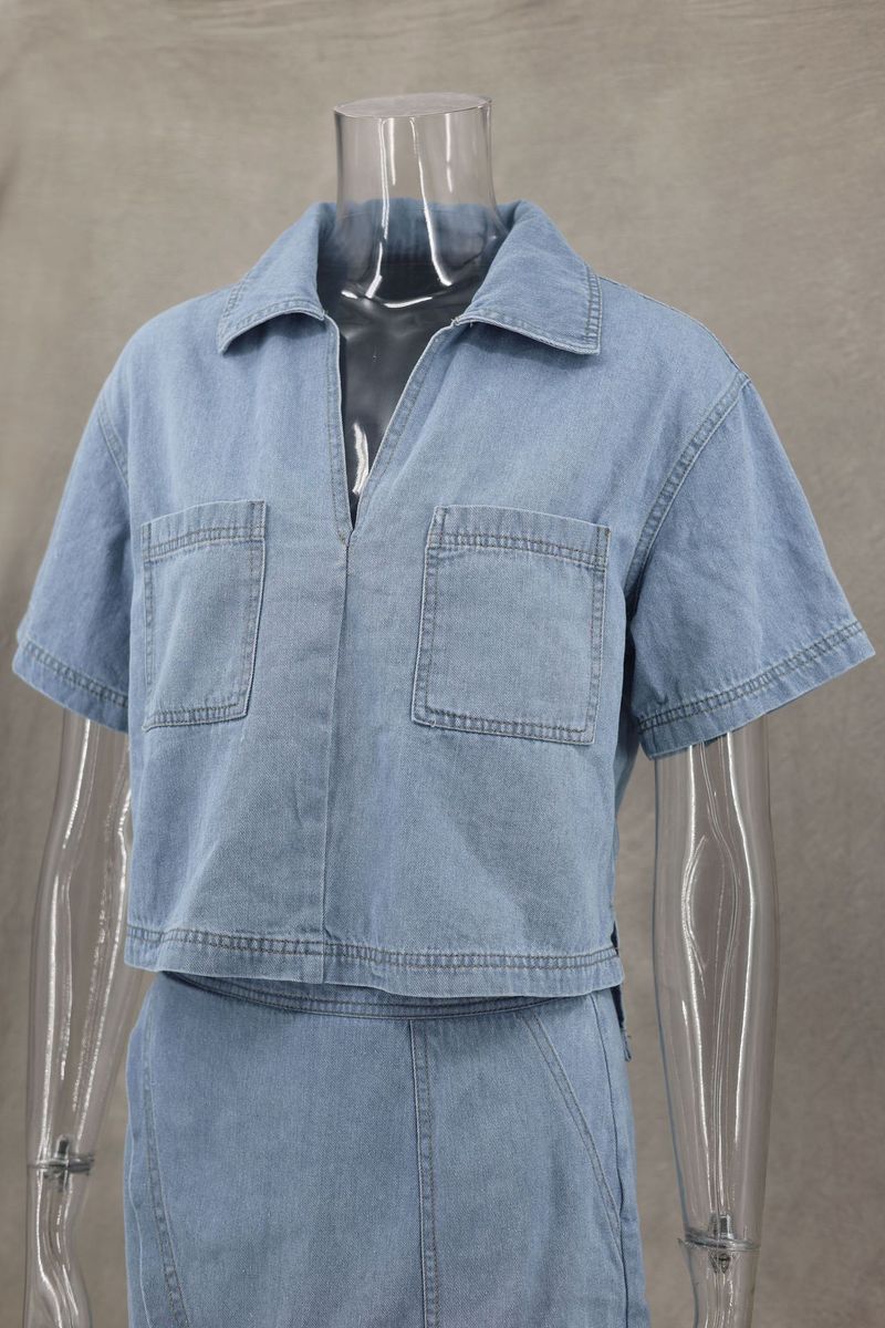 Abbigliamento da donna, comodo abito casual in denim per donna in estate, ampio e attillato, polo a maniche corte, gonna irregolare e pantaloni, abito a due pezzi_voghion.com