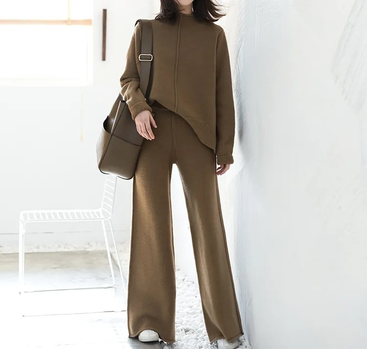 Women's casual wide-leg pants, stylish fashionable knitted sweater, loose two-piece suit for women_voghion.com