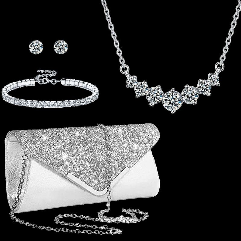 Set di gioielli da donna con collana di strass scintillanti, orecchini e bracciale coordinati, design geometrico per feste serali e uso quotidiano_voghion.com