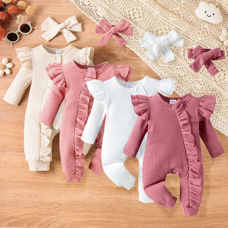Mother & Kids Baby Girl’s Waffle-Knit Bodysuit With Flutter Sleeves – Soft & Stylish, 0-12M"_voghion.com