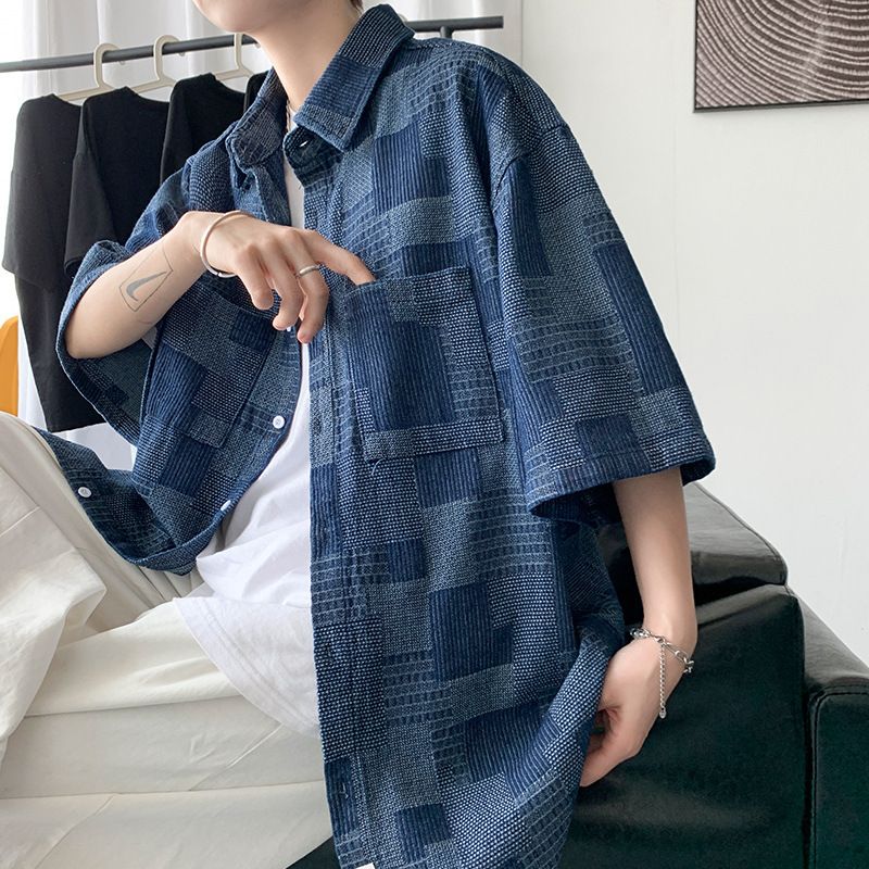 Camicia in denim a maniche corte a quadri estivi da uomo, alla moda, coordinata, alla moda, retrò, lavata._voghion.com