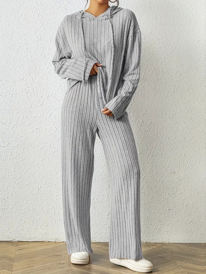 Ensemble élégant deux pièces à capuche et pantalon large pour femme, couleur unie, automne 2024_voghion.com