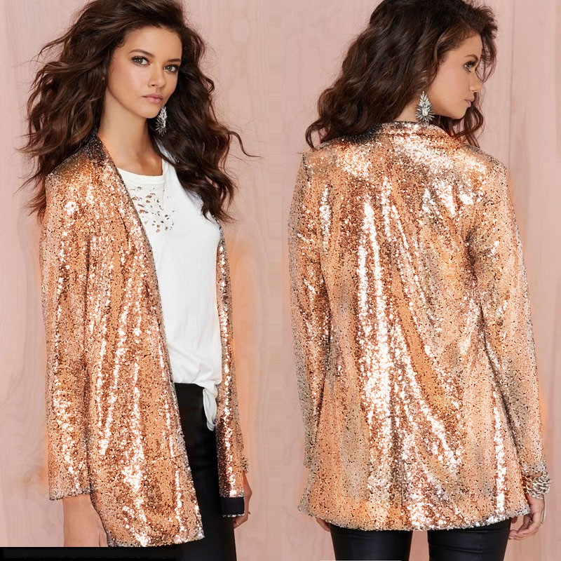 Chaqueta de traje con lentejuelas doradas K para actuaciones; cárdigan de mujer para discotecas y fiestas; atuendo de escenario para reuniones en bares._voghion.com