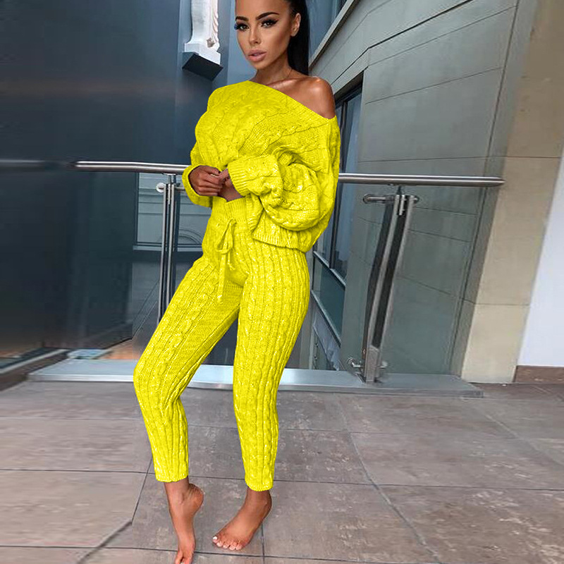 Women's fashion set crew-neck wool-knitted trousers long-sleeved set sweater_voghion.com