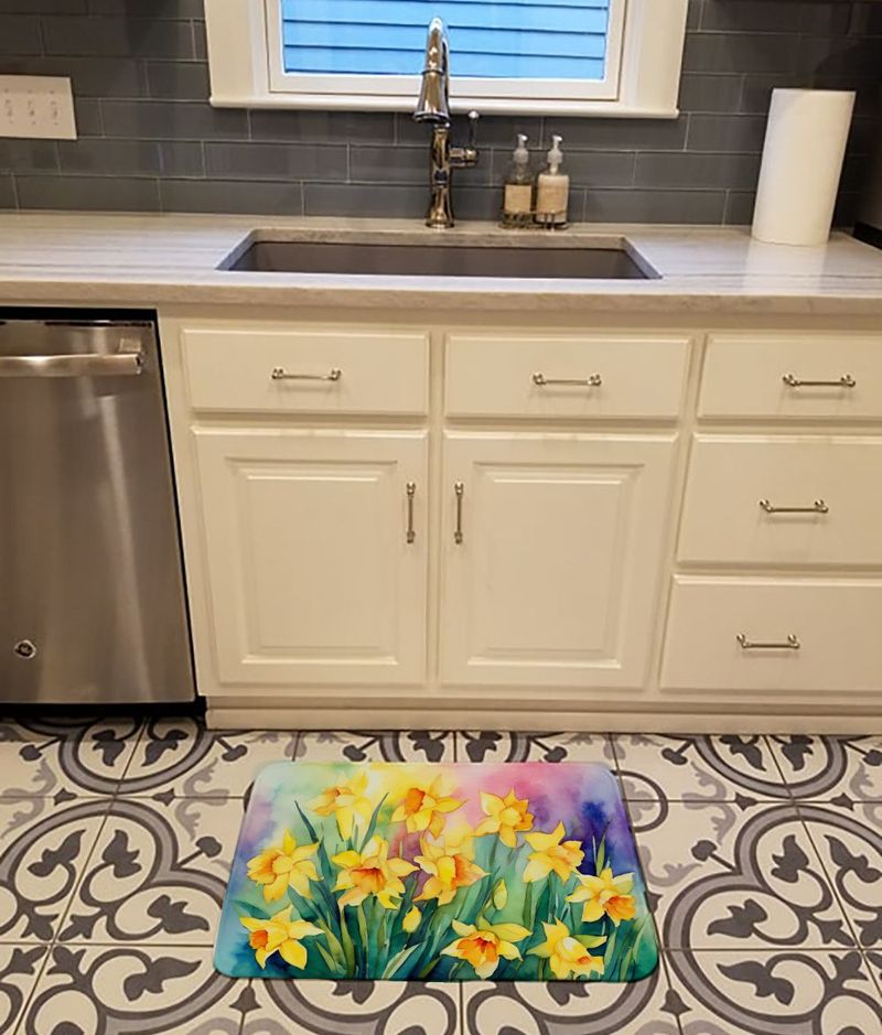 Daffodils In Watercolor Memory Foam Kitchen Mat Machine Washable Anti-Fatigue Mat Cushion Comfort Bath Mat Or Kitchen Rug_voghion.com