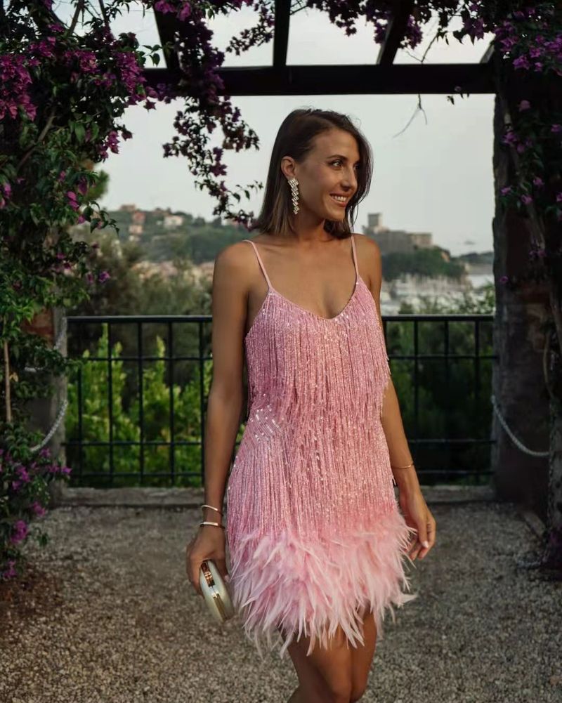 Damenbekleidung Quaste Pailletten Feder Nähte Kleid Farbe Kleid_voghion.com